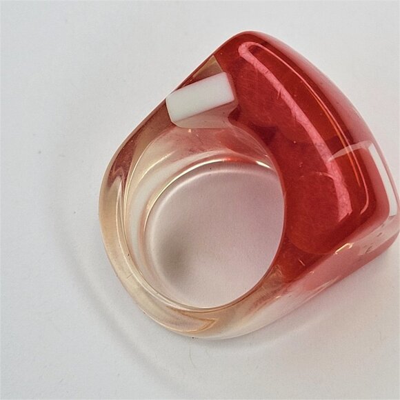 Chunky Square Resin Lucite Ring With Red And White Pill Beads See Through Ring - Picture 9 of 10